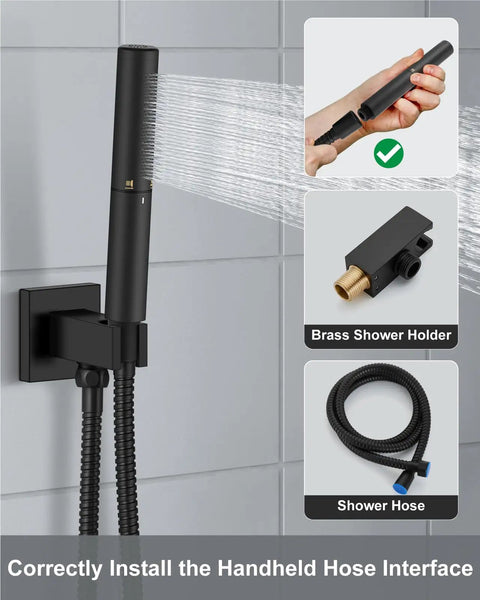 Premium High Pressure Shower System With 12 Inch Rain Head And 2 In 1 Handheld Sprayer Matte Black Wall Mount Fixture in use