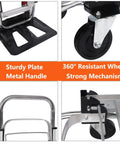 2-In-1 Convertible Aluminum Hand Truck And Platform Dolly 700 Lb Capacity, Collapsible Cart With Telescoping Handle, Four-Wheel Stability, Heavy-Duty Rust-Resistant Build For Warehouse And Material Handling, close-up of plate and wheel