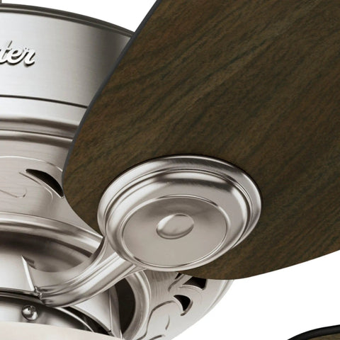 Close-up of 34 Inch Indoor Ceiling Fan With LED Light And Pull Chain, Standard Mount, 5 Blades, Brushed Nickel Finish