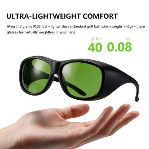 Heavy-Duty Laser Safety Goggles Crafted With Badass OD 6 Plus Eye Shielding Across 808 To 1064 NM Bands For Diode And Nd Yag Systems shown in hand for size comparison.