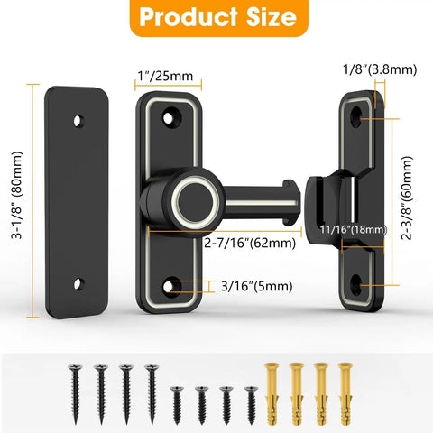 Keyless Entry Sliding Barn Door Lock Kit 2 In 1 with 90 Degree and 180 Degree Latches, hardware dimensions, luminous black finish