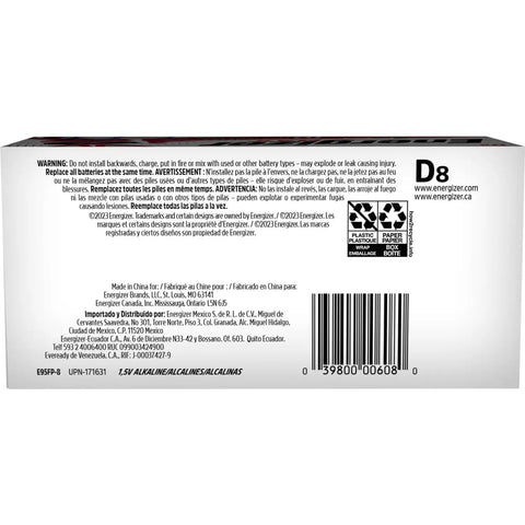 Prime Pick D Cell Batteries 8 Pack Premium Alkaline Power label featuring precautions and product details for high drain gadgets.