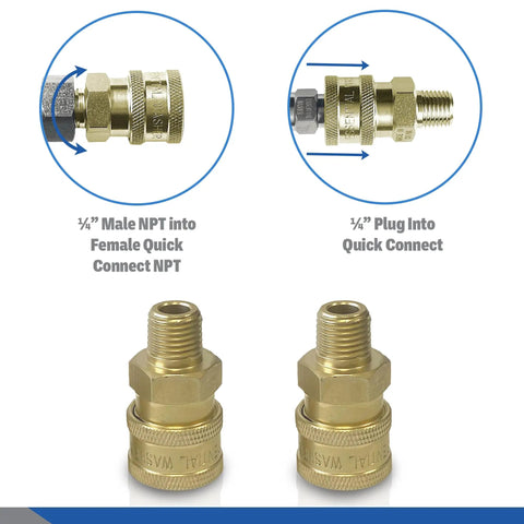 Brass Quarter Inch Quick Connect Male NPT Pressure Washer Couplers Set Of 2 4200 PSI Heavy Duty High Performance Fittings