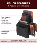 OxyLights 3 Pouch Pro Fastener Bag Black with 9 Pockets and Tool Holders for Framing and Carpentry showing pouch features