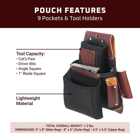 OxyLights 3 Pouch Pro Fastener Bag Black with 9 Pockets and Tool Holders for Framing and Carpentry showing pouch features