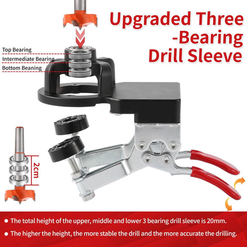 Upgraded three-bearing drill sleeve with 2cm height, featuring red handles and metal clamps for precise drilling.