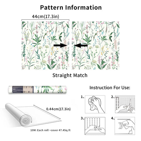 Peel And Stick Floral Wallpaper Vinyl Roll Easy Install 17.3 Inch Wide By 393.7 Inch Long Covers 47.4 Sq Ft For Kitchen Cabinets And Furniture Vintage Flower Pattern DIY Friendly Renter Approved illustration with pattern details and installation guide.