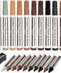 No Sweat Wood Repair Kit Featuring Sleek Touch Up Markers Plus Quality Wax Sticks For Quick Floor And Furniture Fixes In Assorted Rich Wood Tones For A Smooth Knockout Transformation showing touch-up markers and wax sticks in varying wood tones.
