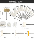 Detailed view of 146 Piece Rotary Tool Buffing And Polishing Kit with size dimensions for various felt pads and abrasive heads
