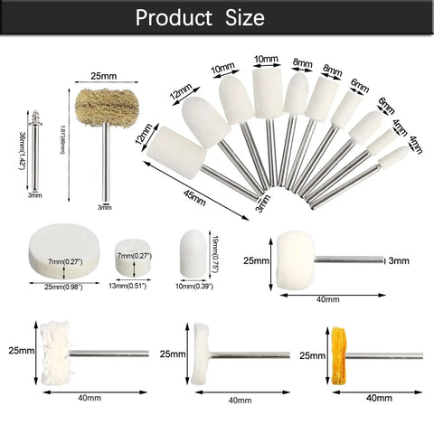 Detailed view of 146 Piece Rotary Tool Buffing And Polishing Kit with size dimensions for various felt pads and abrasive heads
