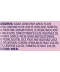 Ingredients list for Mixed Fruit Rope Bites Candy In A Reusable 8 Ounce Bag With Chewy Tart Filling on a pink label