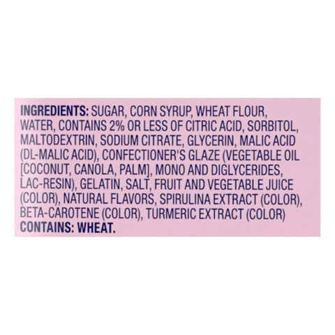 Ingredients list for Mixed Fruit Rope Bites Candy In A Reusable 8 Ounce Bag With Chewy Tart Filling on a pink label