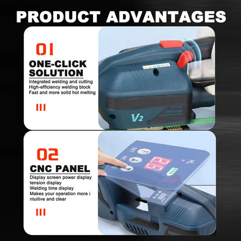 Heavy Duty Handheld Electric Strapping Gun With Self Locking Action And Lcd Screen for.5 to.7 in PP PET Straps showing CNC panel and welding block.