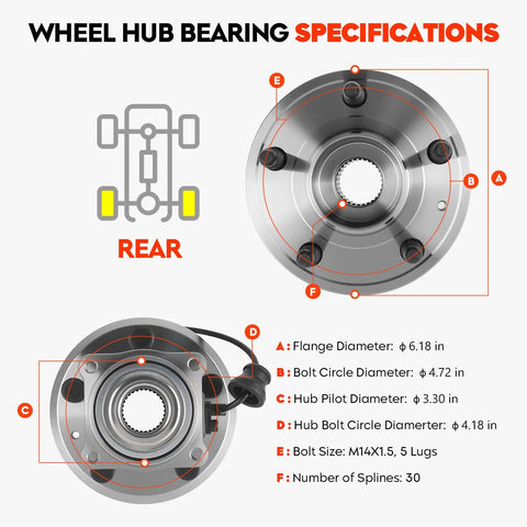Rear Wheel Bearing And Hub Assembly For Chevy Equinox 2010 2017 And GMC Terrain 2010 2017 With ABS 5 Lug 30 Spline 6.18 Inch Flange Diameter Replacement 512440 specifications diagram