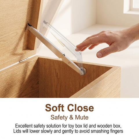 Heavy Duty Soft Close Lid Support Hinges Two Pack 200N Gas Struts For Toy Boxes And Tool Chests, mounted on a wooden toy box.