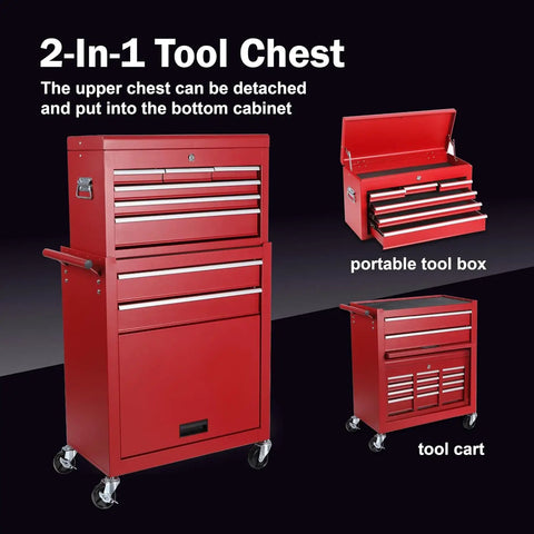 Rock Solid Heavy Duty Steel Tool Chest With 8 Deep Drawers And Rollin Locking Wheels Detachable Top Liner Side Hooks Hella Sturdy Garage Storage Cart In Red, showing detachable upper and lower storage.