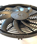 Top Shelf Dual Pack 12 Inch Electric Puller Radiator Cooling Fans Featuring Curved Blades 12 Volt with black blades and frame.