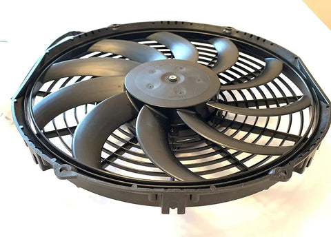 Top Shelf Dual Pack 12 Inch Electric Puller Radiator Cooling Fans Featuring Curved Blades 12 Volt with black blades and frame.
