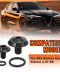 Upgraded Titanium Coolant Bleeder Screw Kit With O Ring In Black Finish For Alfa Romeo Giulia Stelvio 2.0T 2.2 JTDm And 2.9L Twin Turbo V6 Engines Easy Install Durable Metal Hardware For A Leak Free Cooling System alongside image of an Alfa Romeo car.