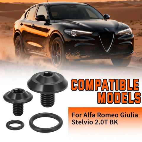 Upgraded Titanium Coolant Bleeder Screw Kit With O Ring In Black Finish For Alfa Romeo Giulia Stelvio 2.0T 2.2 JTDm And 2.9L Twin Turbo V6 Engines Easy Install Durable Metal Hardware For A Leak Free Cooling System alongside image of an Alfa Romeo car.