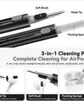 3-in-1 Cleaning Pen with metal tip, soft brush, and flocking sponge for AirPods and other devices.