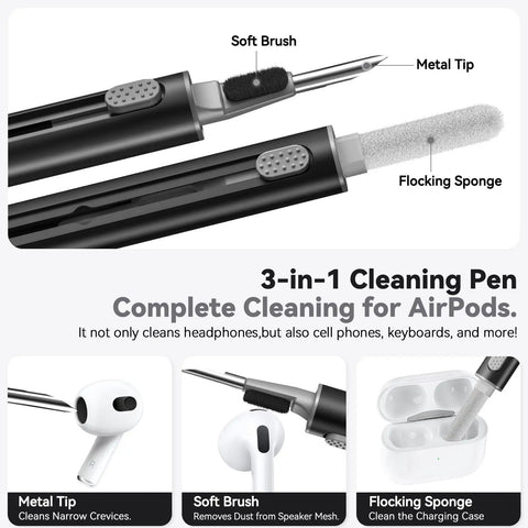 3-in-1 Cleaning Pen with metal tip, soft brush, and flocking sponge for AirPods and other devices.