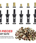 Image showing 6 black mandrels in different sizes with 90 rivet nuts for 14 Inch Rivet Nut Tool Set With Quick Change Head Six Interchangeable Mandrels Includes 90 Rivnuts And 2 Mandrel Lock Pins Hand Rivet Nut Setter Kit For Quick Labor Saving Compact Design And No Fuss Mandrel Changes.