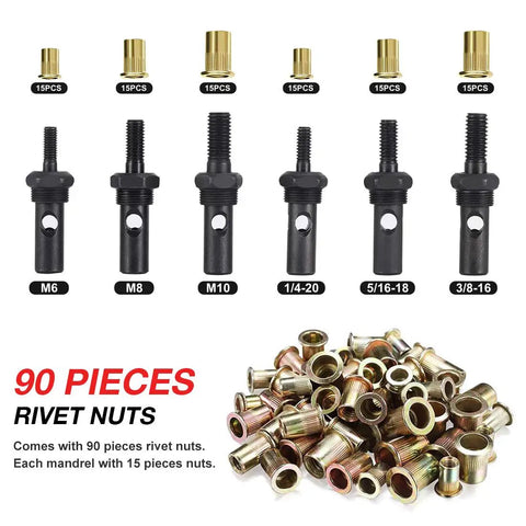 Image showing 6 black mandrels in different sizes with 90 rivet nuts for 14 Inch Rivet Nut Tool Set With Quick Change Head Six Interchangeable Mandrels Includes 90 Rivnuts And 2 Mandrel Lock Pins Hand Rivet Nut Setter Kit For Quick Labor Saving Compact Design And No Fuss Mandrel Changes.