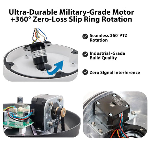 Ultra-Durable military-grade motor and 360° zero-loss slip ring rotation for Built Tough 5Mp PoE Plus Auto Tracking Ptz Ip Security Camera Outdoor.