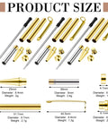 Ten Slimline Pen Kit Sets For Wood Turning With Dope Gold Finish Refill Ready components and measurements displayed