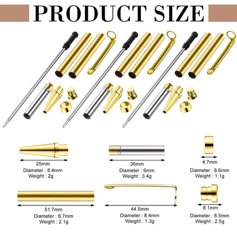 Ten Slimline Pen Kit Sets For Wood Turning With Dope Gold Finish Refill Ready components and measurements displayed
