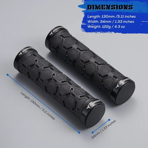 Double Lock On Mountain Bike Grips With Anti Slip Shock Absorbing Rubber For Vibration Dampening And All Day Comfort On Any Trail Black With Locking Rings, 130mm Length, 34mm Width, Displayed With Dimensions.