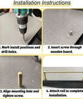 Installation instructions for Heavy Duty Solid Brass Floating Shelf Brackets Rock Slick Wall Mount Rail Kit steps with tools.