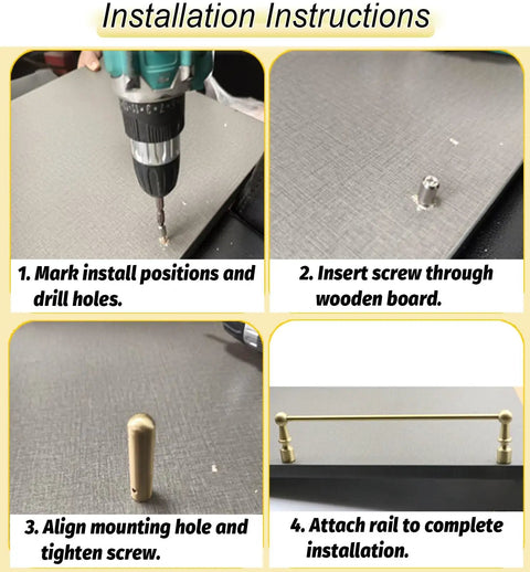 Installation instructions for Heavy Duty Solid Brass Floating Shelf Brackets Rock Slick Wall Mount Rail Kit steps with tools.