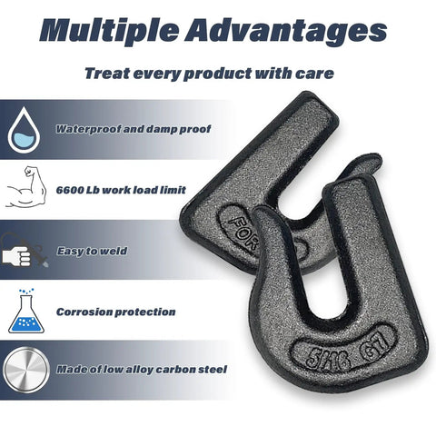 8 Pack 5/16 Inch G70 Weld On Grab Chain Hooks For Chains And Tractor Buckets, Heavy Duty Weld-On Hooks Set, 4700 Lb Working Load Limit, Forged Steel Construction, 2.5 In Long By 1.95 In Wide. Close-up of 5/16 G70 weld-on grab hook, forged steel, for chains and tractor buckets