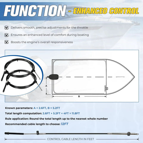 Diagram of Gen 1 12Ft Boat Throttle And Shift Cables 2 Pack For Mercury MerCruiser Force Outboard Engines Replacement showing dimensions and lengths.