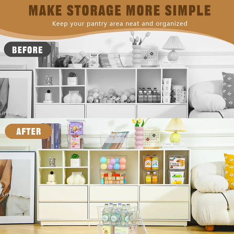 Before and after shelves organized with Six Pack Clear Storage Bins With Lids For Easy Organization See Through Plastic Containers With Handles.