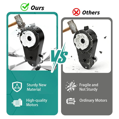 Comparison of 24V RS555 High Speed Gearbox Motor Upgrade for Kids Ride On Cars with other ordinary motors, showing durability and quality.