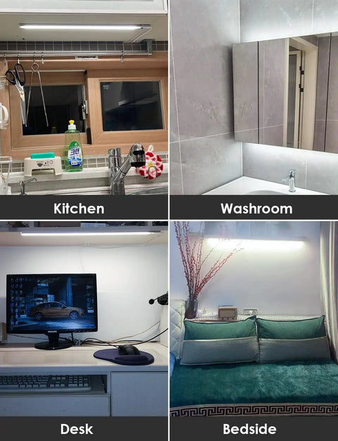 Plug In Hands Free Magnetic Under Cabinet Lights 16 Inch Ultra Thin Motion Sensor installed in kitchen, washroom, desk, bedside