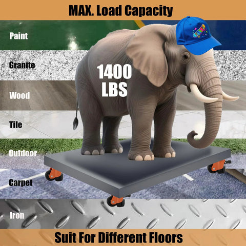 Elephant on heavy duty caster platform with 1400 lbs load capacity showcasing suitability for various floor types.