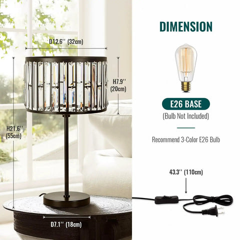 Sleek 21.6 Inch Black Industrial Bedside Lamp With Crystal K9 Shade, dimensions shown, on round table in living room.