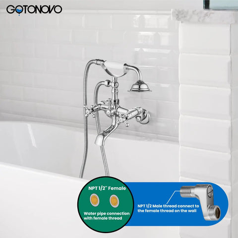 Clawfoot Bathtub Faucet Tub Filler With Handheld Shower Set Victorian Double Cross Handle 6 Inch Center Adjustable Swing Arms Tub Mount Short Adapter Polished Chrome