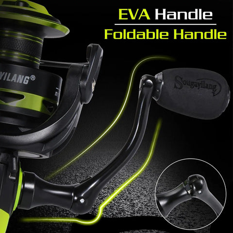Close-up of EVA foldable handle on lightweight spinning reel with ultra smooth action for saltwater and freshwater fishing.