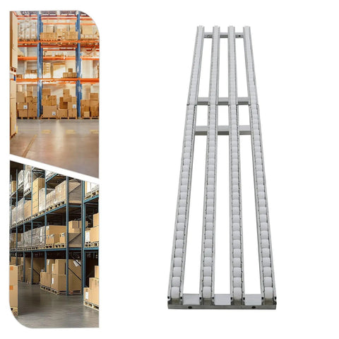 Collapsible Conveyor Roller Table Foldable Unpowered Belt System With Four Wheel Rows next to warehouse storage shelves