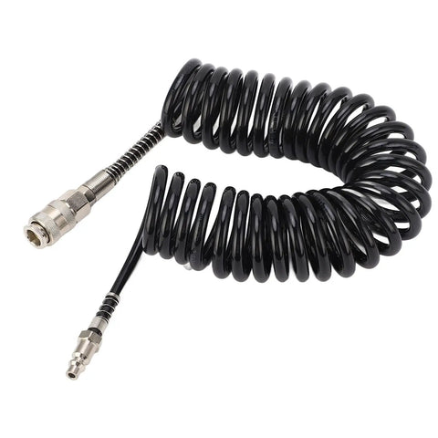 Premium Flexible Lightweight Coiled Air Hose With Fast Quick Connect For Tire Inflator Pump Dust Blowing Tools 6 Meters 19 Point 7 Feet Long Real Deal Quality For Car Garage Motorcycle Jobs Beast Mode Power Easy Storage Solutions Included. Black coiled air hose with metal quick-connect fittings