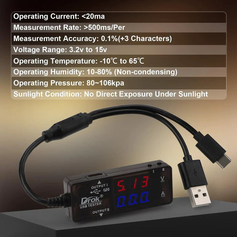 USB Power Meter Tester With Color LED Display Dual USB Ports USB A And USB C 2.0 PD QC 3.0 Fast Charging 7 Mode Readouts
