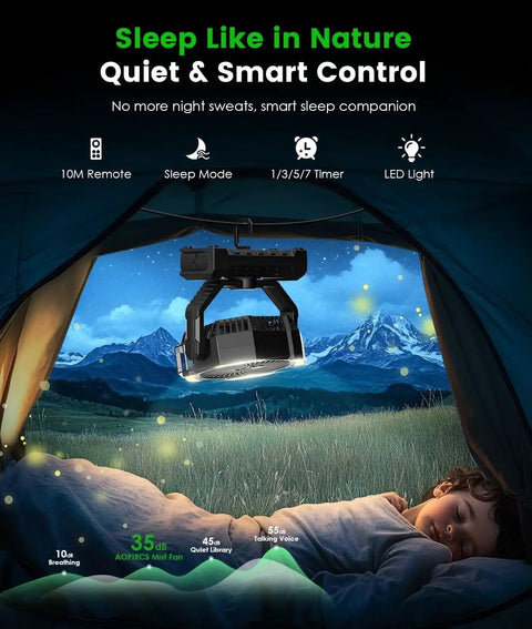 Camping Misting Fan With 24000mAh Battery, tent interior view showing built-in light and hook mount over sleeping camper