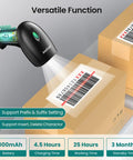Barcode Scanner With Stand, Bluetooth And Wireless USB Wired Options, reading barcode on a box, showcases battery life and features