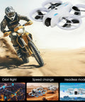 rc quadcopter flying over desert with motorcyclist beneath, showcasing 4K Camera Drone For Beginners With Altitude Hold And One Key Takeoff Landing Auto Follow 3 Speed Modes Stunt Roll Live Phone Feed Easy RC Quadcopter For Holiday Gift And Epic Aerial Shots