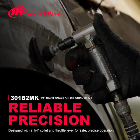 Compact Quarter Inch Collet Air Die Grinder Kit With Squared Off Right Angle Frame And Punchy 21000 Rpm Torque Setup in use on vehicle surface.